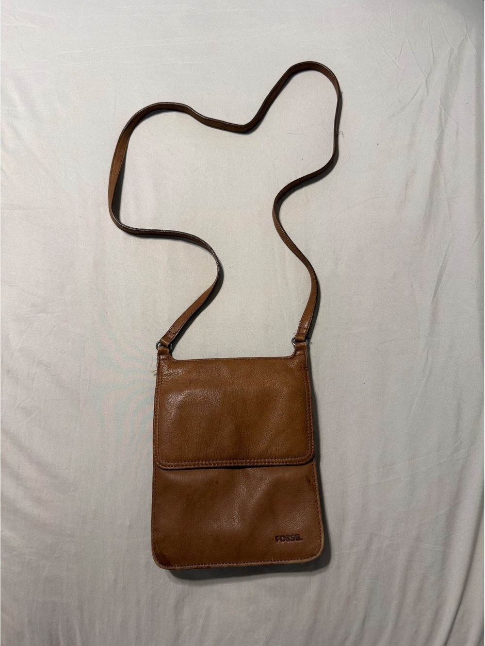 Vintage Fossil Tan Brown Genuine Leather Organizer Crossbody Bag Purse